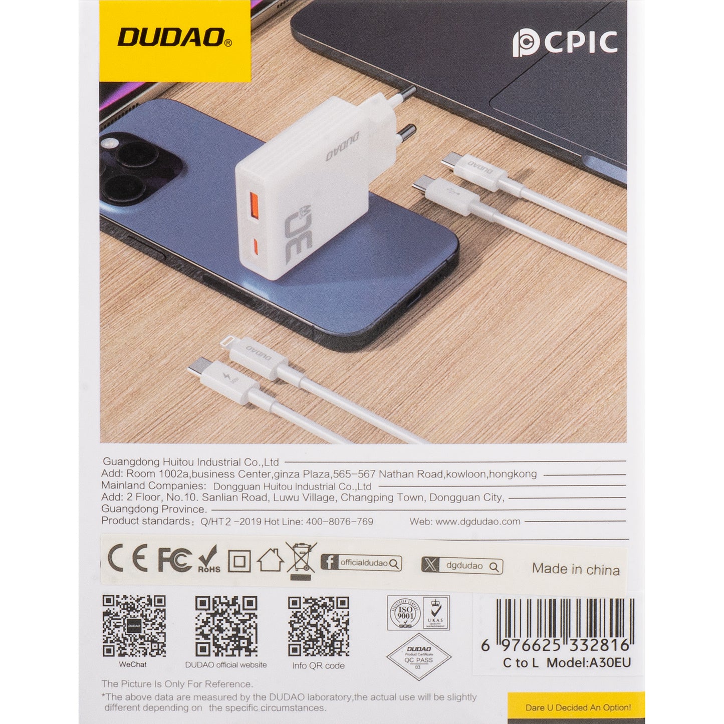 Dudao A30EUL Cargador de red con cable Lightning, 30W, 3A, 1 x USB-A - 1 x USB-C, Blanco 