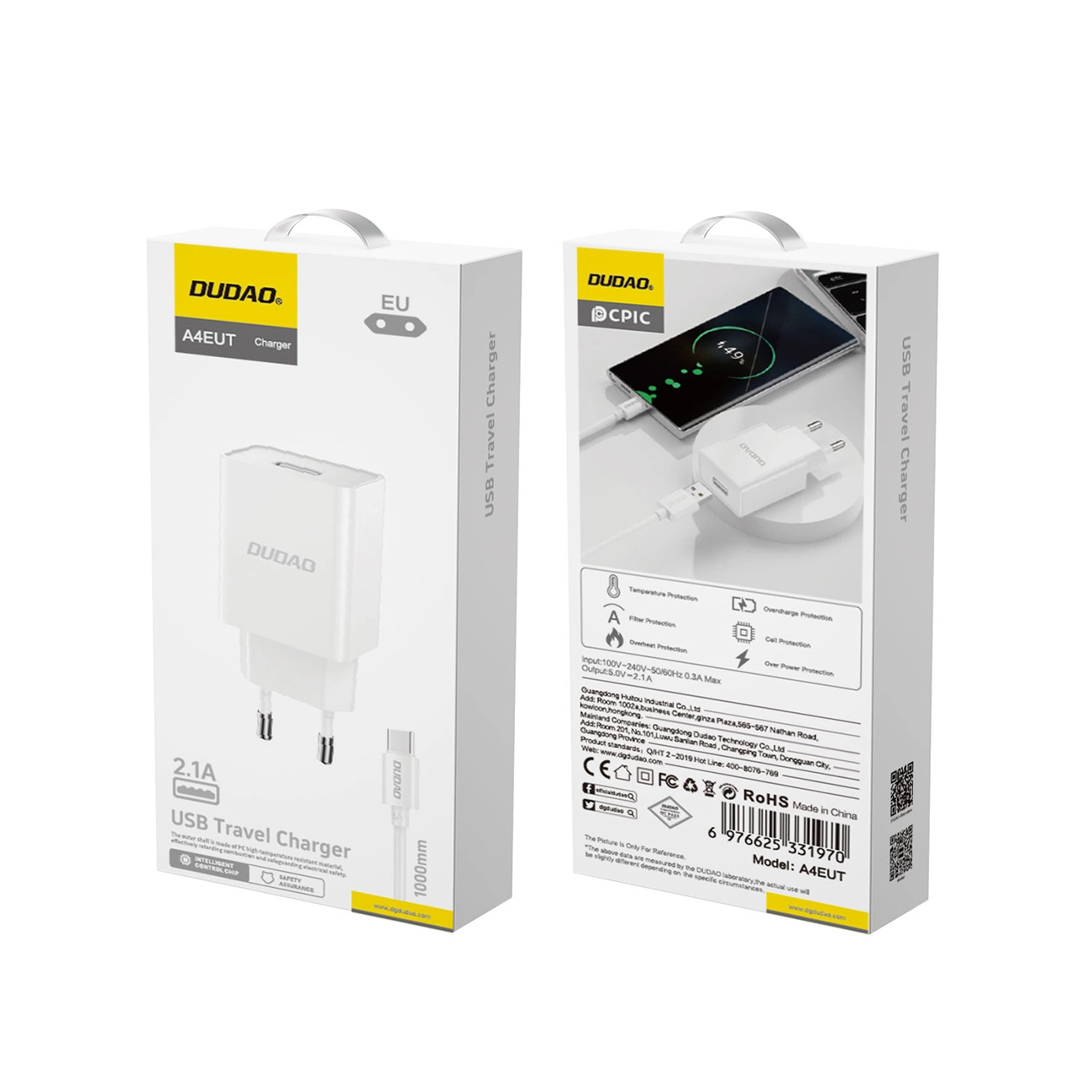 Cargador de Red con Cable USB-C Dudao A4EU, 10W, 2.1A, 1 x USB-A, Blanco