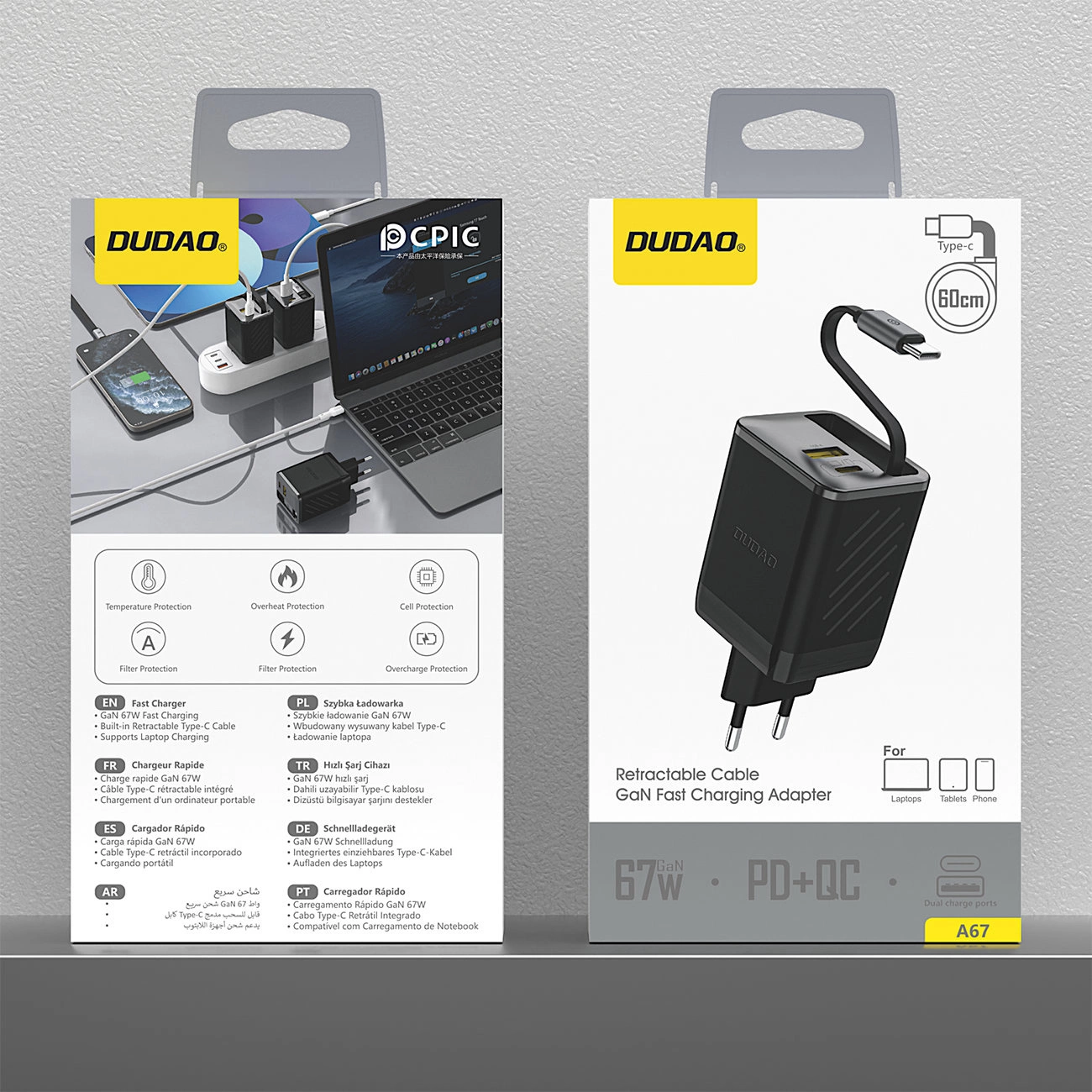 Cargador de Red con Cable USB-C Dudao A67EU, 67W, 3.35A, 1 x USB-A - 1 x USB-C, Negro