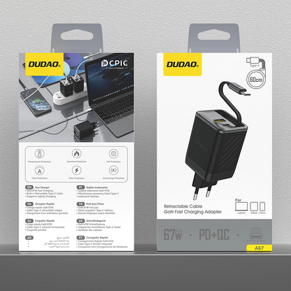 Cargador de Red con Cable USB-C Dudao A67EU, 67W, 3.35A, 1 x USB-A - 1 x USB-C, Negro