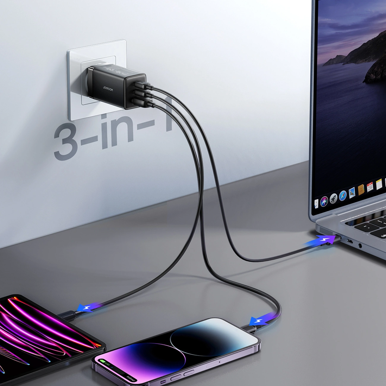 Cargador de Red con Cable USB-C Joyroom JR-TG10, 65W, 3.25A, 1 x USB-A - 2 x USB-C, Negro