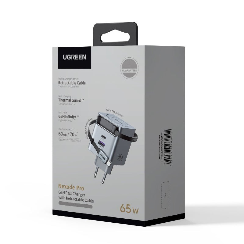 Cargador de Red con Cable USB-C UGREEN X615, 65W, 3A, 1 x USB-A - 1 x USB-C, Gris