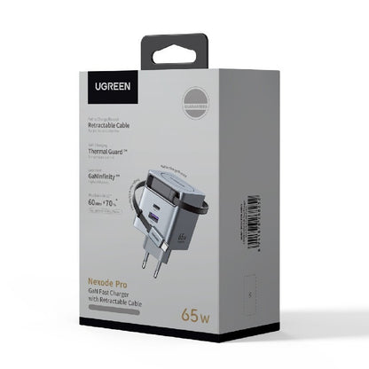 Cargador de Red con Cable USB-C UGREEN X615, 65W, 3A, 1 x USB-A - 1 x USB-C, Gris