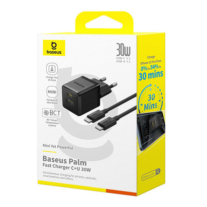 Cargador de Red con Cable USB-C Baseus Palm, 30W, 3A, 1 x USB-A - 1 x USB-C, Negro P1011160A113-01