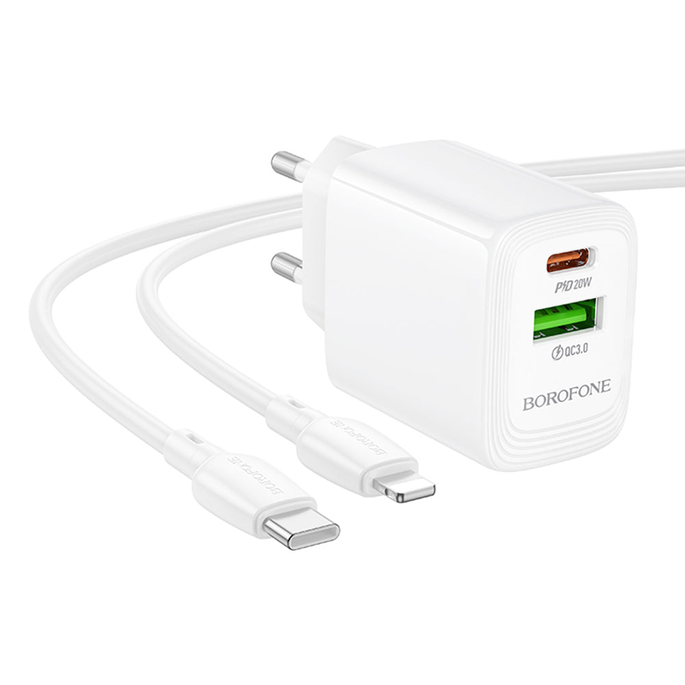 Cargador de Red con Cable Lightning Borofone BN27 Fuente, 20W, 3A, 1 x USB-A - 1 x USB-C, Blanco