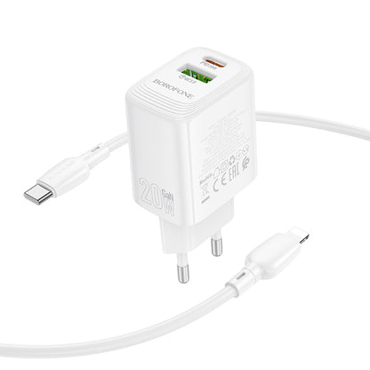 Cargador de Red con Cable Lightning Borofone BN27 Fuente, 20W, 3A, 1 x USB-A - 1 x USB-C, Blanco