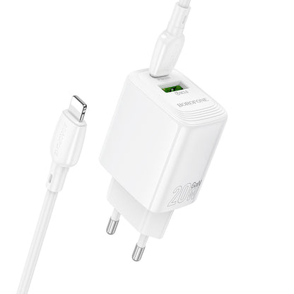 Cargador de Red con Cable Lightning Borofone BN27 Fuente, 20W, 3A, 1 x USB-A - 1 x USB-C, Blanco