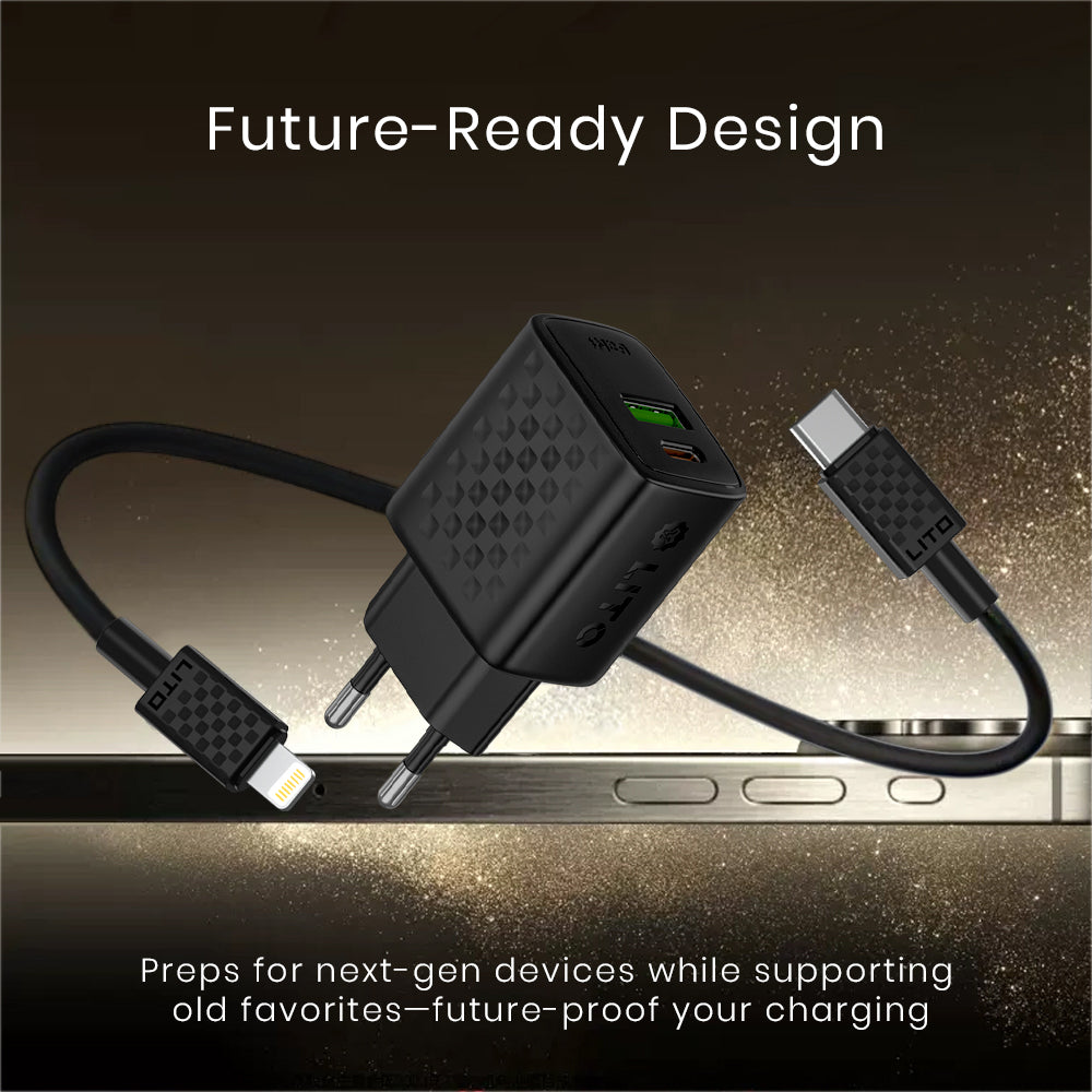 Cargador de Red con Cable Lightning Lito LC15L, 20W, 3A, 1 x USB-A - 1 x USB-C, Negro