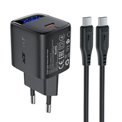 Cargador de Red con Cable USB-C Acefast A113 Display, 20W, 3A, 1 x USB-C, Negro