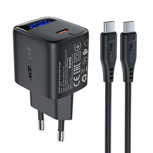 Cargador de Red con Cable USB-C Acefast A113 Display, 20W, 3A, 1 x USB-C, Negro