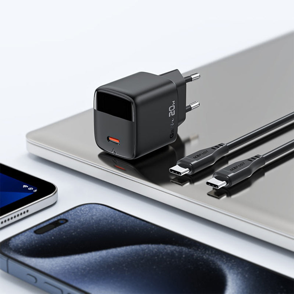 Cargador de Red con Cable USB-C Acefast A113 Display, 20W, 3A, 1 x USB-C, Negro