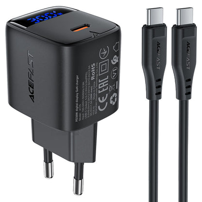 Cargador de Red con Cable USB-C Acefast A115 Display, 30W, 3A, 1 x USB-C, Negro