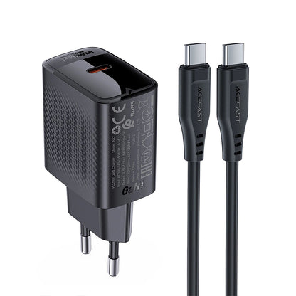 Cargador de Red con Cable USB-C Acefast A82, 20W, 3A, 1 x USB-C, Negro