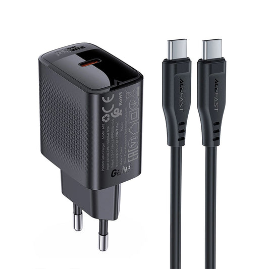 Cargador de Red con Cable USB-C Acefast A82, 20W, 3A, 1 x USB-C, Negro