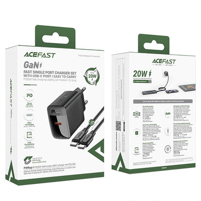 Cargador de Red con Cable USB-C Acefast A82, 20W, 3A, 1 x USB-C, Negro