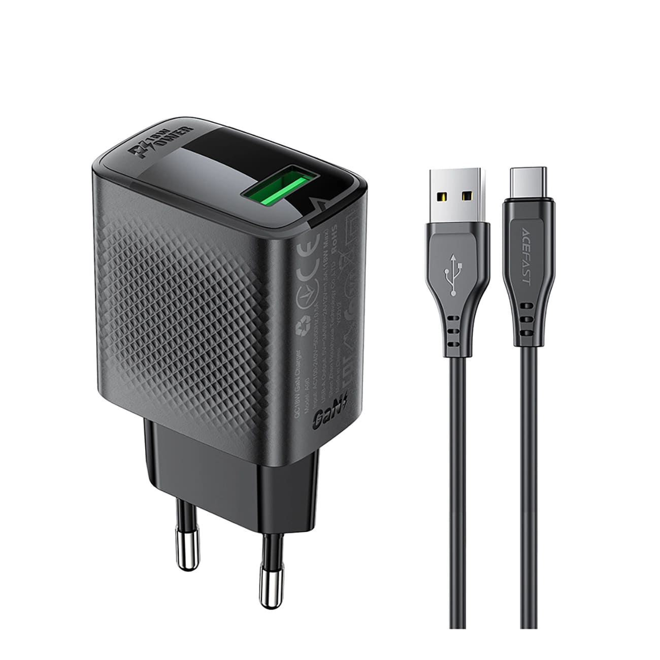 Cargador de Red con Cable USB-C Acefast A90, 18W, 3A, 1 x USB-A, Negro