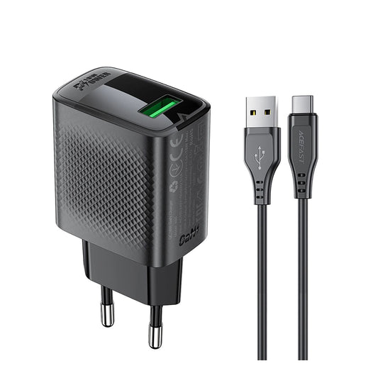 Cargador de Red con Cable USB-C Acefast A90, 18W, 3A, 1 x USB-A, Negro