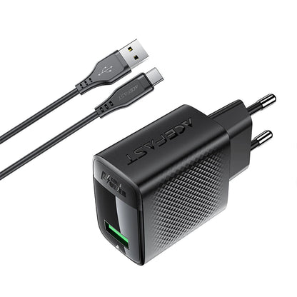 Cargador de Red con Cable USB-C Acefast A90, 18W, 3A, 1 x USB-A, Negro