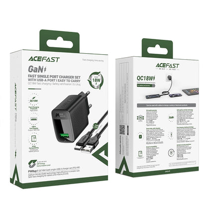 Cargador de Red con Cable USB-C Acefast A90, 18W, 3A, 1 x USB-A, Negro