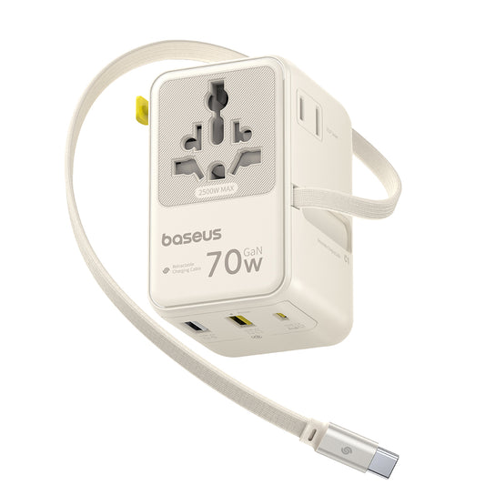 Cargador de Red con Cable USB-C Baseus Travel EnerCore CG11, 70W, 2 x Enchufe - 1 x USB-C - 2 x USB-A, Blanco E0307E01