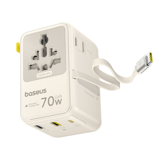 Cargador de Red con Cable USB-C Baseus Travel EnerCore CG11, 70W, 2 x Enchufe - 1 x USB-C - 2 x USB-A, Blanco E0307E01