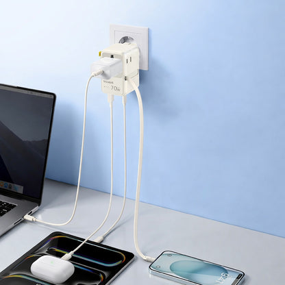 Cargador de Red con Cable USB-C Baseus Travel EnerCore CG11, 70W, 2 x Enchufe - 1 x USB-C - 2 x USB-A, Blanco E0307E01