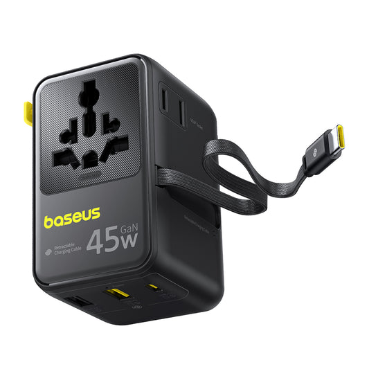 Cargador de Red con Cable USB-C Baseus Travel PicoGo AG11, 45W, 2 x Enchufe - 1 x USB-C - 2 x USB-A, Negro E0307F00