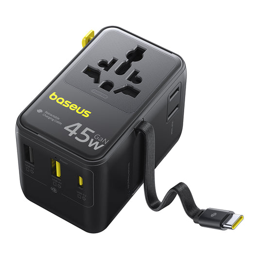 Cargador de Red con Cable USB-C Baseus Travel PicoGo AG11, 45W, 2 x Enchufe - 1 x USB-C - 2 x USB-A, Negro E0307F00