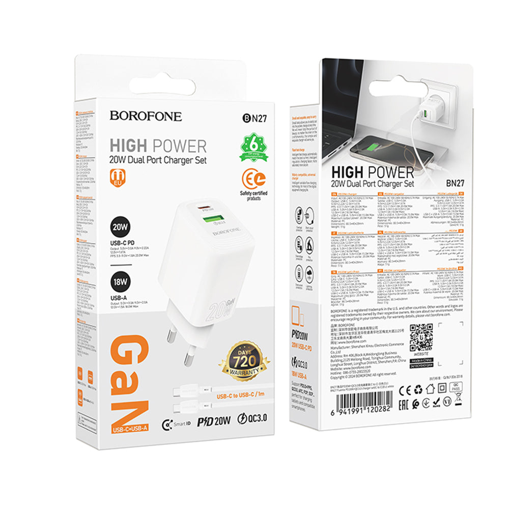 Cargador de Red con Cable USB-C Borofone BN27 Fuente, 20W, 3A, 1 x USB-A - 1 x USB-C, Blanco