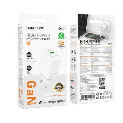 Cargador de Red con Cable USB-C Borofone BN27 Fuente, 20W, 3A, 1 x USB-A - 1 x USB-C, Blanco