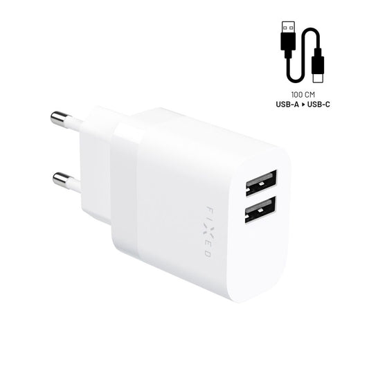 Cargador de Red con Cable USB-C Fixed, 17W, 3A, 2 x USB-A, Blanco