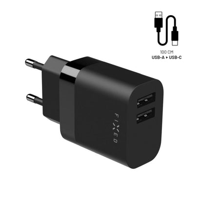 Cargador de Red con Cable USB-C Fixed, 17W, 3A, 2 x USB-A, Negro