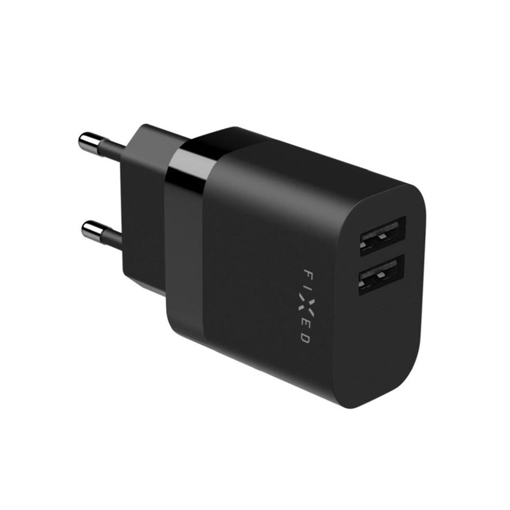 Cargador de Red con Cable USB-C Fixed, 17W, 3A, 2 x USB-A, Negro