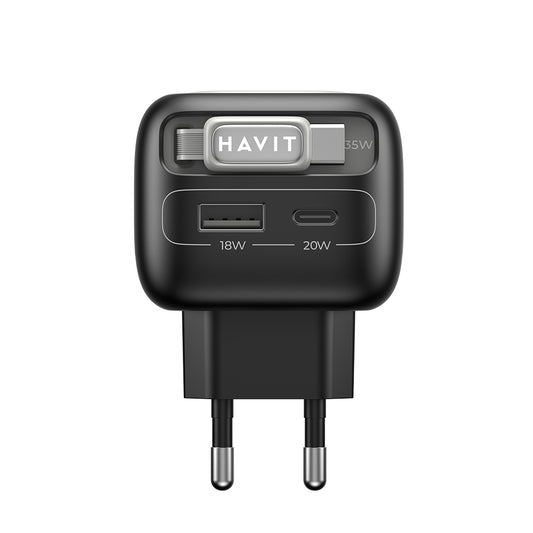 Cargador de Red con Cable USB-C HAVIT UC251, 35W, 3A, 1 x USB-A - 1 x USB-C, Negro Gris