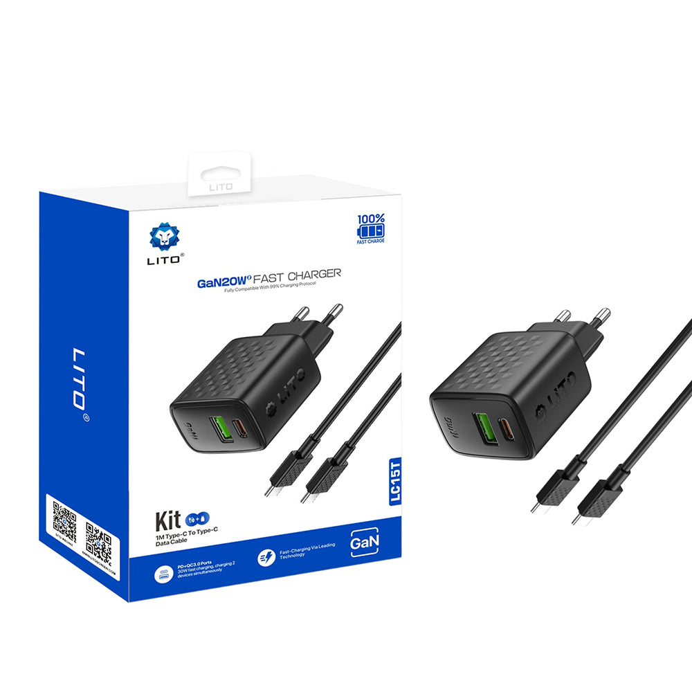 Network Charger with USB-C Cable Lito LC15T, 20W, 3A, 1 x USB-A - 1 x USB-C, Black