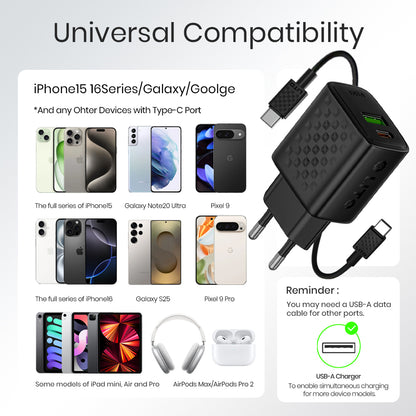 Network Charger with USB-C Cable Lito LC15T, 20W, 3A, 1 x USB-A - 1 x USB-C, Black