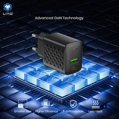 Cargador de Red con Cable USB-C Lito LC24T, 65W, 3.25A, 1 x USB-A - 1 x USB-C, Negro