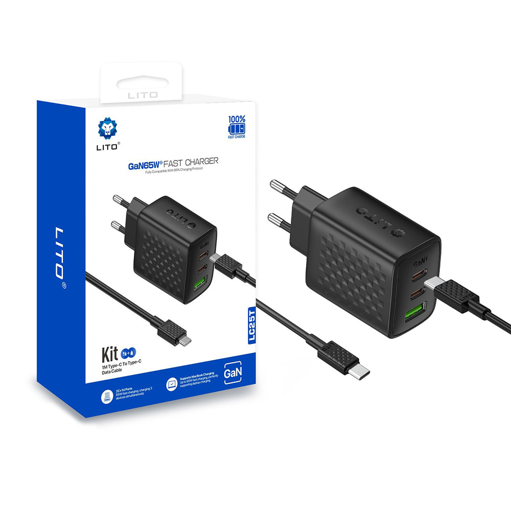 Cargador de Red con Cable USB-C Lito LC25T, 65W, 3.25A, 1 x USB-A - 2 x USB-C, Negro