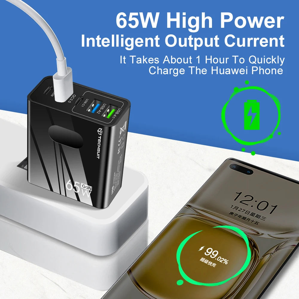 Network Charger with USB-C Cable Techsuit CHC1 PentaXPower, 25W, 3A, 3 x USB-A - 2 x USB-C, White