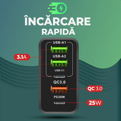 Cargador de Red con Cable USB-C Techsuit CHC1 PentaXPower, 25W, 3A, 3 x USB-A - 2 x USB-C, Negro