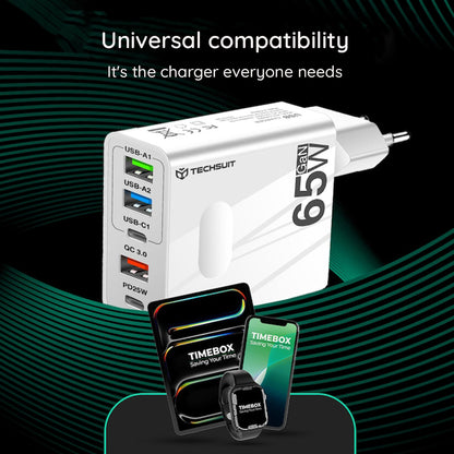 Cargador de Red con Cable USB-C Techsuit CHC1 PentaXPower, 25W, 3A, 3 x USB-A - 2 x USB-C, Negro