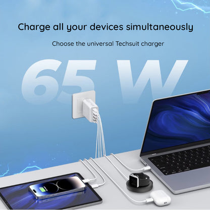 Network Charger with USB-C Cable Techsuit CHC2 PentaXPower, 20W, 3A, 3 x USB-A - 2 x USB-C, Black
