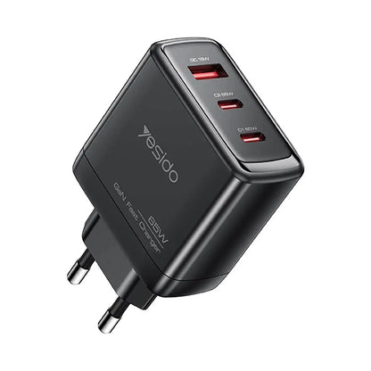 Cargador de Red con Cable USB-C Yesido YC144C, 65W, 3.25A, 1 x USB-A - 2 x USB-C, Negro