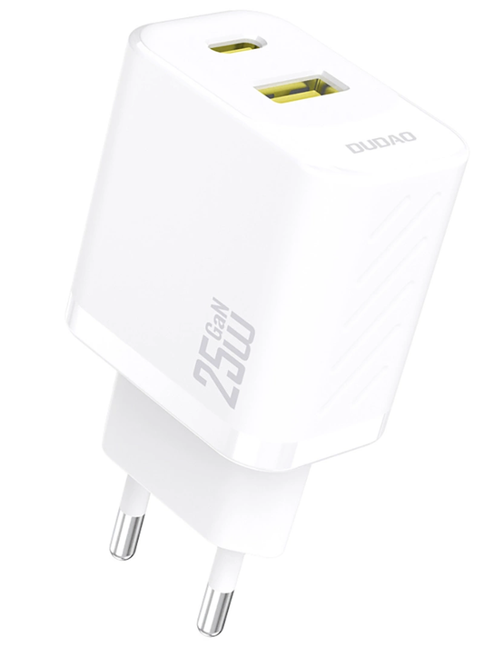Cargador de Red Dudao A26T, 25W, 3A, 1 x USB-A - 1 x USB-C, Blanco