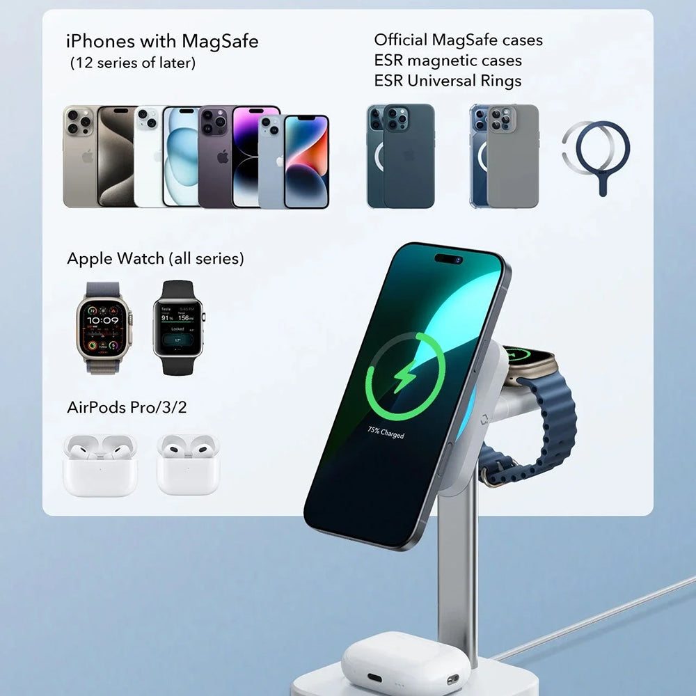 Cargador de Red Inalámbrico ESR CryoBoost 3en1, 25W, 1.67A, Negro