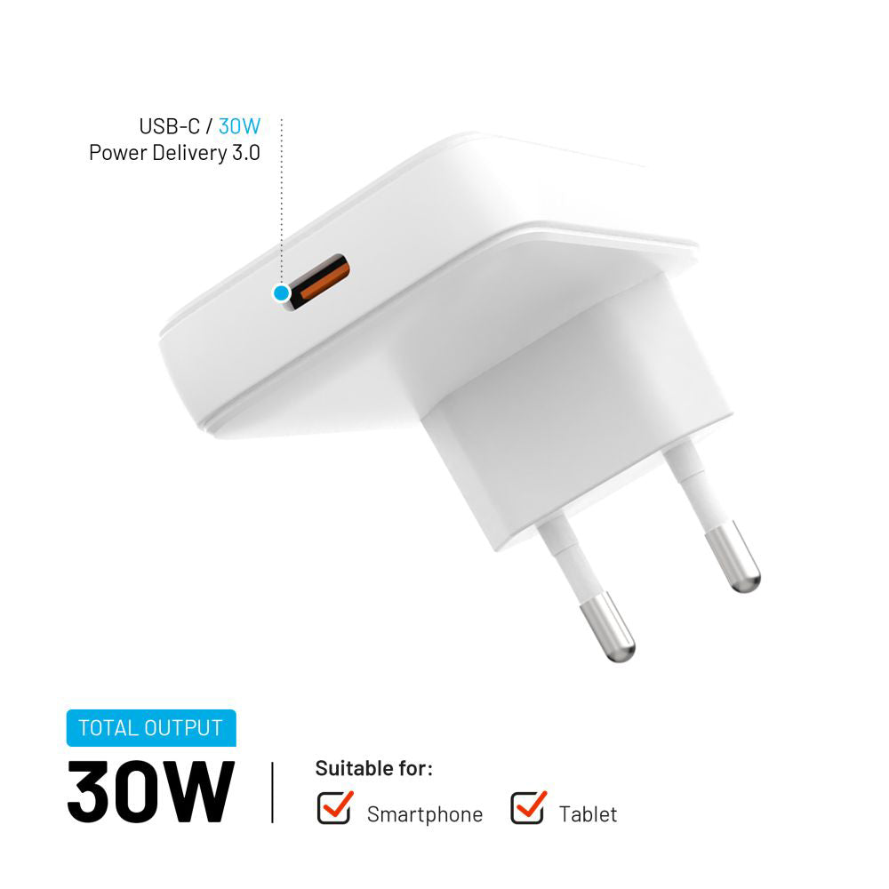 Cargador de Red Fixed, 30W, 3A, 1 x USB-C, Blanco