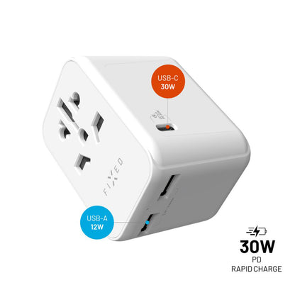 Cargador de Red Fixed Travel, 30W, 3A, 2 x USB-A - 1 x USB-C, Blanco