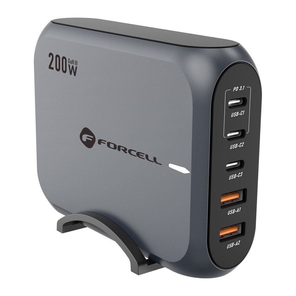 Cargador de red Forcell F-ENERGY GaN III VT-51, 200W, 5A, 2 x USB-A - 3 x USB-C, Gris 