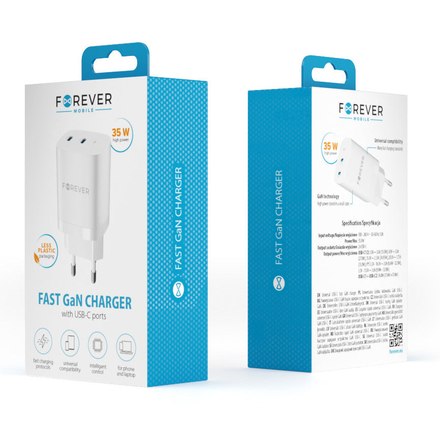 Cargador de Red Forever TC-05-35CC, 35W, 3A, 2 x USB-C, Blanco