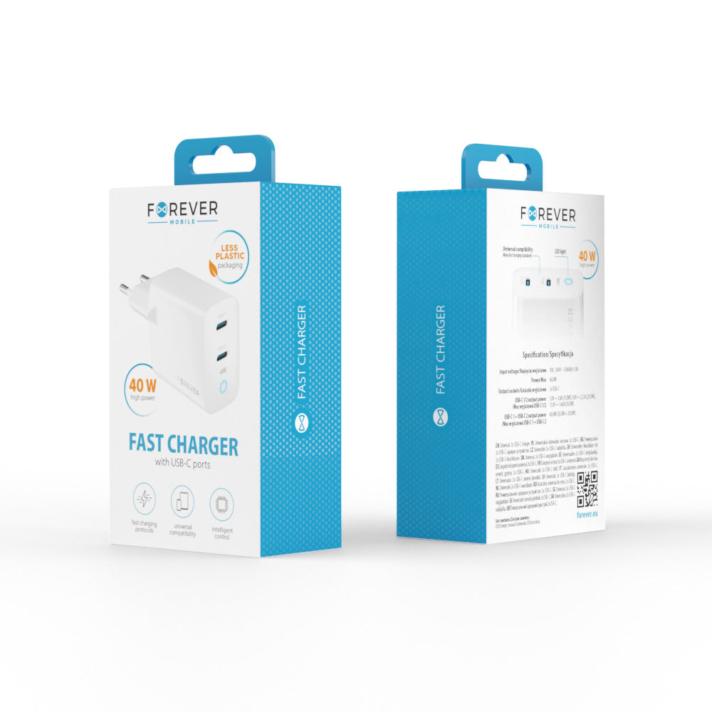 Forever Network Charger TC-06-40CC, 40W, 3A, 2 x USB-C, Blanco 